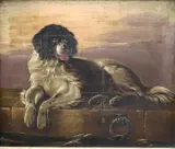 Edwin Landseer, Portrait of a Newfoundland Dog Resting on a Stone Pier, Early 20th century oil on board artwork