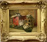 Henriëtte Ronner-Knip, Cats with Four Kittens Playing with a Copper Lantern and Red Teabox, 1900, Oil on panel