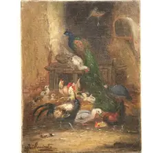 Claude Guilleminet, Interior Scene of a Farmyard with a Peacock, Oil on canvas