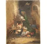 Claude Guilleminet, Interior Scene of a Farmyard with a Peacock, Oil on canvas