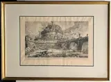 Veduta del ponte, e del mausoleo, fabbricati da Elio Adriano Imp ("View of the bridge and mausoleum built by the Emperor Hadrian"). 1756 by Giovanni Battista Piranesi, Black and white etching on paper, sold Mar 2025
