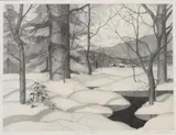 Clarence Bolton, Winter Sunlight, circa 1939, Alternative title of artwork is "Still Waters." Limited edition lithograph