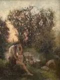 Shepherd and Sheep by Stream by French School, Oil on canvas, sold Mar 2025