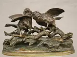 Jules Moigniez, Two Fighting Song Birds on Branch, Patinated bronze