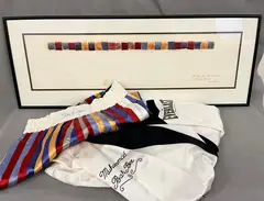 Gene B. Davis, Boxing Gear Schematic with Boxing Trunks and Robe: Trio of items, Including ink sketch on three sheets of conjoined paper with applied ribbon samples in striped arrangement, signed and inscribed lower right, "Design for Bob Epstein's Boxing Trunks - Gene Davis" , sight size as