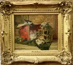 Henriëtte Ronner-Knip, Cats with Four Kittens Playing with a Copper Lantern and Red Teabox, 1900, Oil on panel