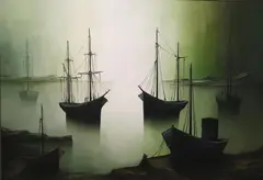 Gilbert Bria, Anchored Boats, Oil on canvas. showcasing several boats, some larger sailing vessels and others smaller, possibly fishing boats, moored in calm water