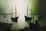 Gilbert Bria, Anchored Boats, Oil on canvas. showcasing several boats, some larger sailing vessels and others smaller, possibly fishing boats, moored in calm water