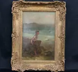 The Young Fisherman, (For restoration) Oil on board of a boy with some kind of covering over his lower body in an outdoor setting by Continental School, The Young Fisherman, (For restoration) Oil on board, offered May 2025