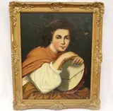 Continental School, Young Lady Holding a Tambourine, (For restoration), Oil on canvas
