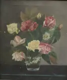 American School, Bouquet of Roses in a Glass Vase, Oil on canvas likely from the 1920s