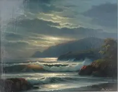 William Deshazo, Moonlight Coast, Oil on board painting