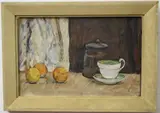 Sybil Bonbright, Still Life with Green Porcelain Teacup, (For restoration), Oil on paper artwork featuring a green porcelain teacup and saucer, several oranges, and a dark container, possibly a coffee pot or canister, set against a backdrop of draped fabric and a dark wall