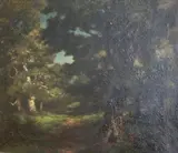Forest Scene with Dark by Continental School, Oil on canvas. 19th-century continental landscape painting featuring a forest scene with dark, dense foliage and patches, sold May 2025