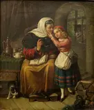 Christian Andreas Schleisner, Little Red Riding Hood and her Grandmother, Oil on canvas painting