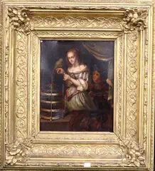 Caspar Netscher, Woman with a Parrot at a Window, Early 19th century oil on board painting after the work Caspar Netscher
