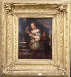 Caspar Netscher, Woman with a Parrot at a Window, Early 19th century oil on board painting after the work Caspar Netscher