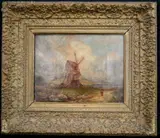 Dutch School, Landscape with a Windmill, Oil on canvas featuring a windmill presented in an ornate frame
