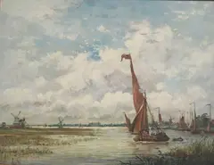 Adolphe Ragon, Mooring Sailboats with Distant Windmill, Oil on canvas