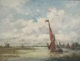 Adolphe Ragon, Mooring Sailboats with Distant Windmill, Oil on canvas