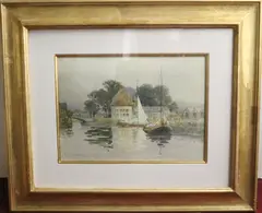 Frank Thompson, Waterway, 1910, Watercolor, signed and dated 1910, features a waterway with two sailboats, a building with a red-tiled roof, and trees in the background