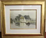 Frank Thompson, Waterway, 1910, Watercolor, signed and dated 1910, features a waterway with two sailboats, a building with a red-tiled roof, and trees in the background