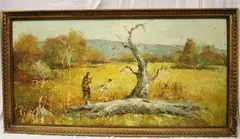 American School, Man Hunting Pheasant with a Dog, Oil on canvas