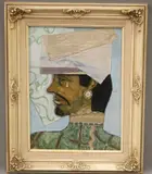 American School, General with a Tear Rolling down his Cheek, The collage elements include various paper pieces used to construct the man's turban, face, and clothing, set against a light blue patterned background