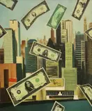 Dollars Flying over the Cityscape by American School, Oil on canvas, sold Jun 2025