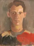 Portrait of a man wearing a colorful pullover by American School, Oil on canvas, sold Jun 2025