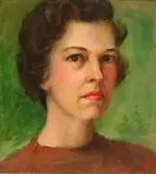 Dot. Crowley, Portrait of a woman on a green background, 1960, Oil on board