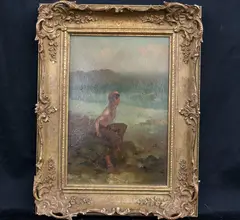 Continental School, The Young Fisherman, (For restoration) Oil on board of a boy with some kind of covering over his lower body in an outdoor setting, The Young Fisherman, (For restoration) Oil on board