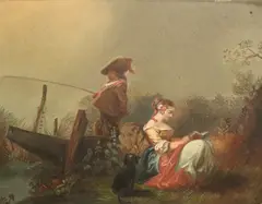 François Boucher, Man Fishing and Woman Reading next to her Dog, Oil on cardboard