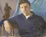 Igor Alekseevich Malyarenko, Portrait of Man in a blue pullover with sculpture, Mixed media on canvas