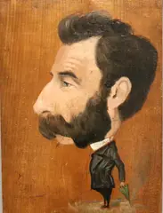 French School, Caricature of a Bearded Man holding Green Umbrella, Oil on board