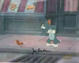 Hand-painted production cel of "Tom and Jerry" the movie(circa 1992) by Tom and Jerry The Movie Production Cel Signed Joe Barbera, It has the Hanna-Barbera seal and it is hand-signed by Joe Barbera; it comes on a color print background, sold Jun 2025