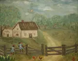 Berry Picking by American School, 1910, Oil on board, sold Jun 2025
