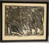 Oswaldo Guayasamín, Evacuacion (Evacuation), circa 1944, The woodcut was a gift from the artist. - Frame size: 13.75 x 11.5 inches