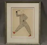 Alexander Vesnin, Walking Man Wearing Red Shoes, Mixed media on paper (charcoal, oil, pencil)