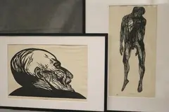 Leonard Baskin, Two Works: "The Hanged Man" and "Mantegna at Eremitani", Size: (Sight): 19 x 9.5 inches; frame: 26 x 20.5 inches. (2) Wood engraving or lithograph titled "MANTEGNA AT EREMTIANI." Titled (lithographed) at base "MANTEGNA AT EREMTIANI, 1954, 23.5 x 14.25 inches."