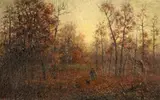 Claggett D. Spangler, Man with Dog in Forest, Oil on board