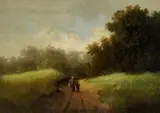 French School, Mother and Son Walking to the Market, Oil on board