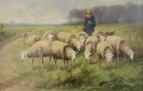Belgian School, Shepherd with His Flock Sheep, Oil on canvas
