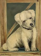Lise Jacot, Fluff, 1932, Oil on board featuring a Wire Fox Terrier puppy