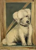 Lise Jacot, Fluff, 1932, Oil on board featuring a Wire Fox Terrier puppy