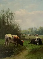 William Frederick Hulk, Landscape with Cattle, Oil on board