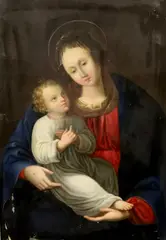 Bartolomé Esteban Murillo, Mother Mary with Child Jesus, 19th century artwork, Oil on a metal board