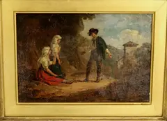 Italian School, Friends on Hillside Road, Oil on canvas