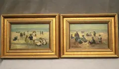 Louis van der Pol, Two Works: Children Enjoying Sunday at the Beach, Two oil on board artworks