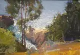 Ken Auster, California Coastline with Cliffs and Surf, 1977, Oil on board